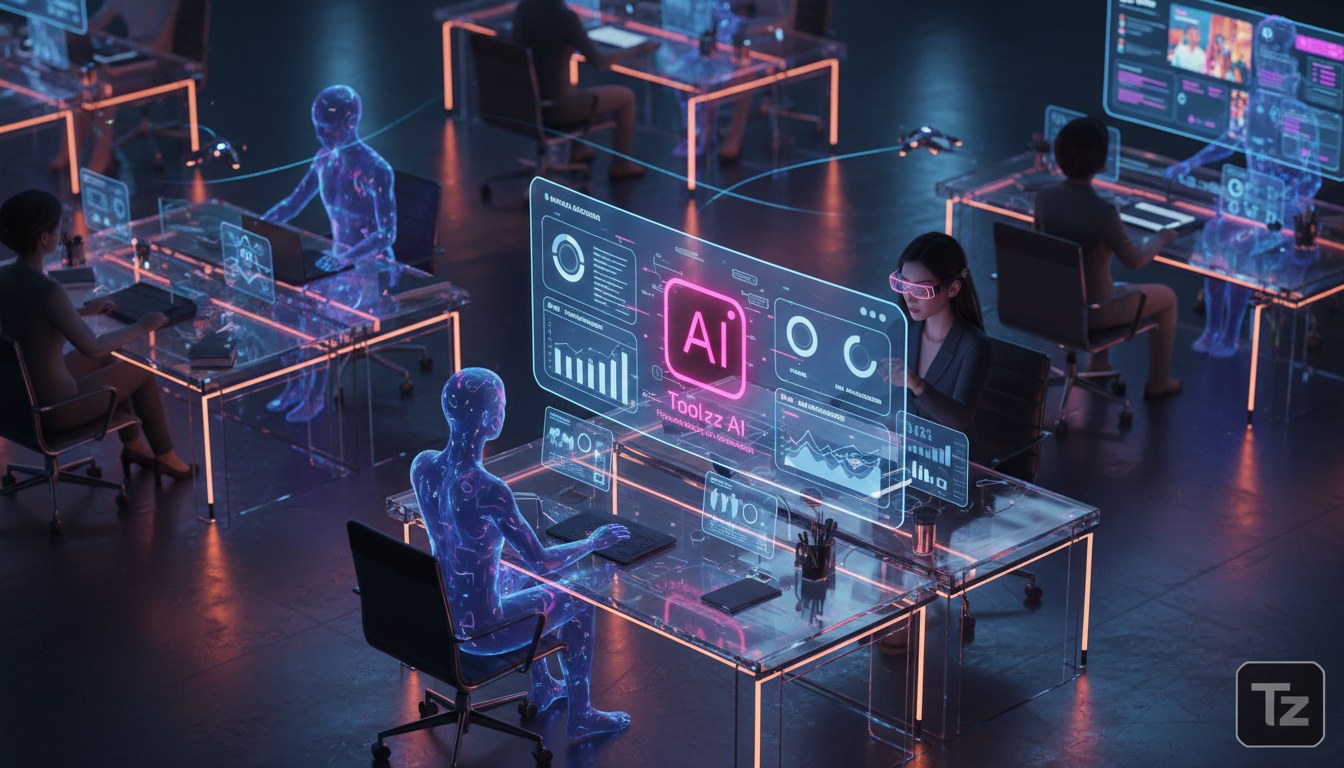 Como medir o sucesso da automação Instagram em 2026 — Visão isométrica de um escritório moderno e colaborativo, onde agentes de IA virtuais (representados como avatares 3D) interagem com humanos. Os a