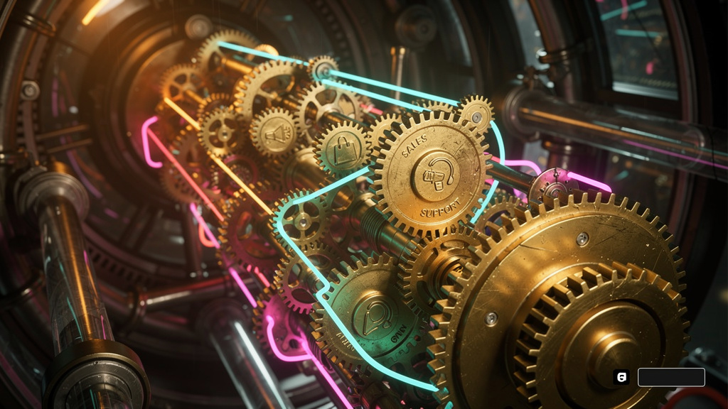 Como medir o sucesso de Protocolo Agent-to-Agent (A2A) usando taxa de conclusão — Ilustração de agentes de IA representados como pequenas engrenagens douradas interconectadas, girando dentro de uma má