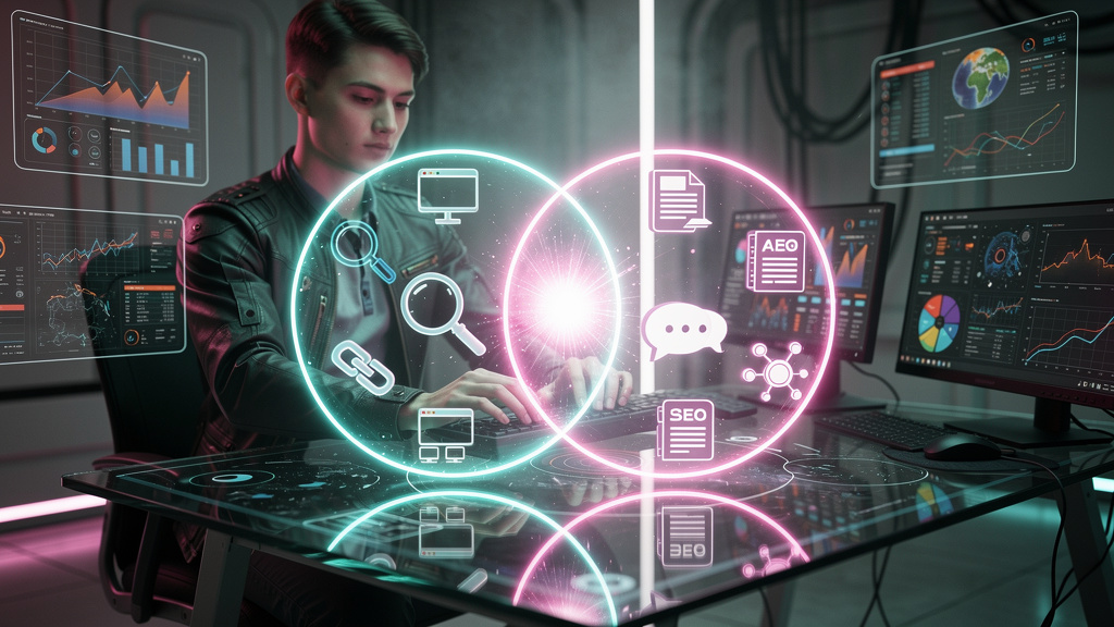 Como medir o sucesso de SEO com ChatGPT em 2026 — Um diagrama de Venn digital estilizado mostrando a interseção entre SEO tradicional (palavras-chave, backlinks) e AEO (conteúdo informativo, estrutura