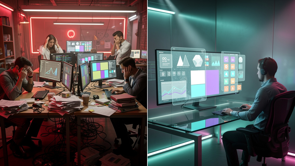 Como medir ROI de Agente de Blog IA em passos simples — A split-screen infographic depicting two scenarios: On the left, a chaotic office scene with employees struggling with manual content creation; 