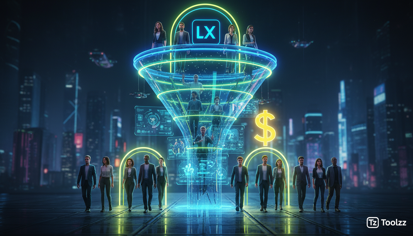 Como Medir ROI de Assinatura LXP em 7 Passos Simples em 2026 — Ilustração digital mostrando um funil de conversão. No topo, um grupo diverso de funcionários entrando em uma plataforma LXP (com o logo 