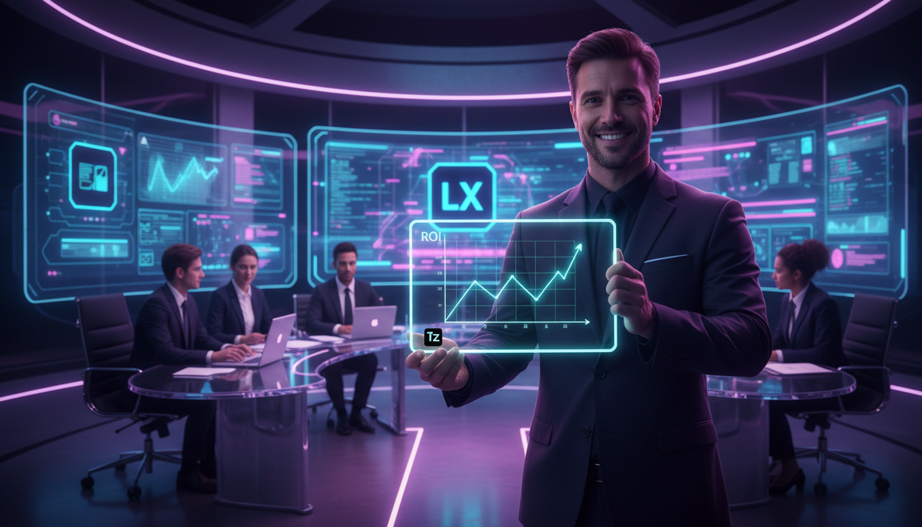 Como medir ROI de Assinatura Recorrente em LXP em 2026 — Um executivo sorrindo, segurando um tablet que mostra um gráfico de linha ascendente representando o ROI de um LXP. Ao fundo, um escritório mod