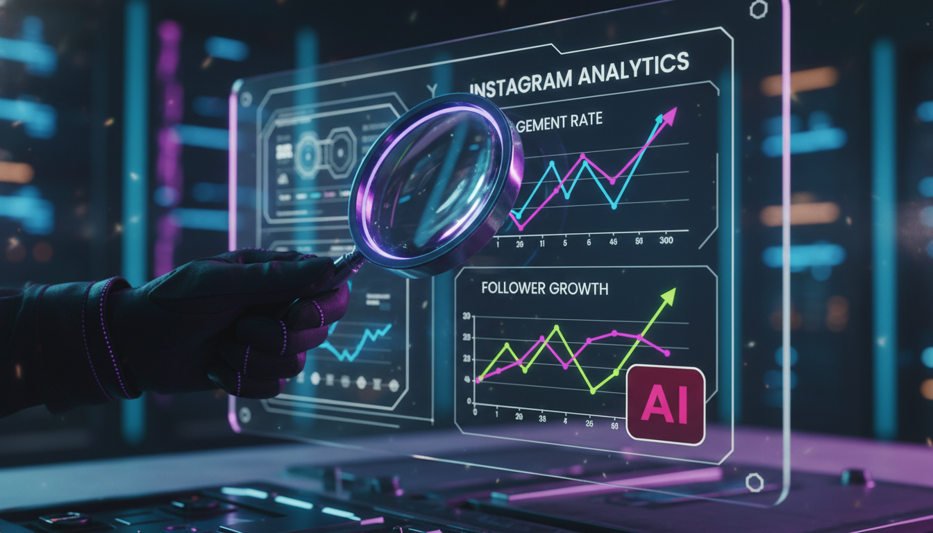 Como medir ROI de automação Instagram em passos simples — Close-up de uma mão segurando uma lupa sobre um painel de controle do Instagram Analytics. O painel mostra gráficos de engajamento e crescimen