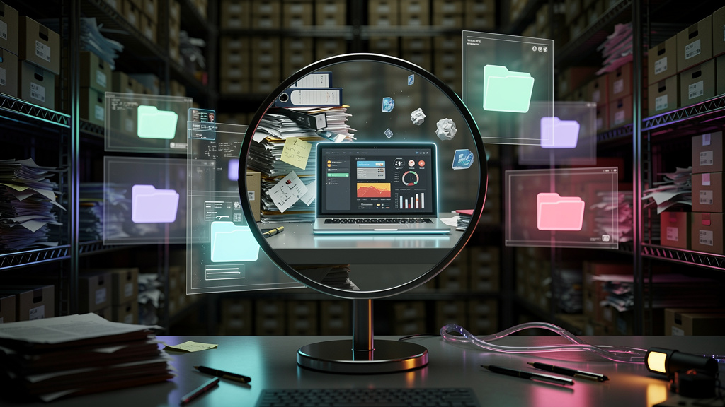 Como medir ROI de Educação Corporativa em 2026 — Um labirinto de arquivos e documentos físicos e digitais, simbolizando os dados fragmentados. Uma lupa gigante destaca um único arquivo, que se transfo