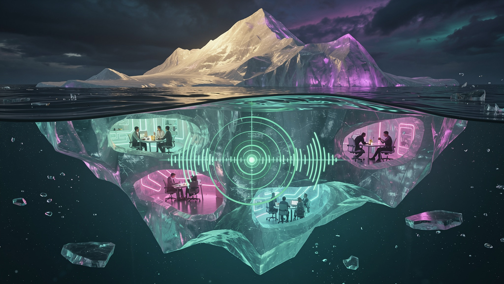 Como Melhorar o Engajamento dos Funcionários com IA de Voz — Ilustração de um iceberg submerso mostrando a ponta visível representando a satisfação no trabalho, e a parte submersa, muito maior, repres