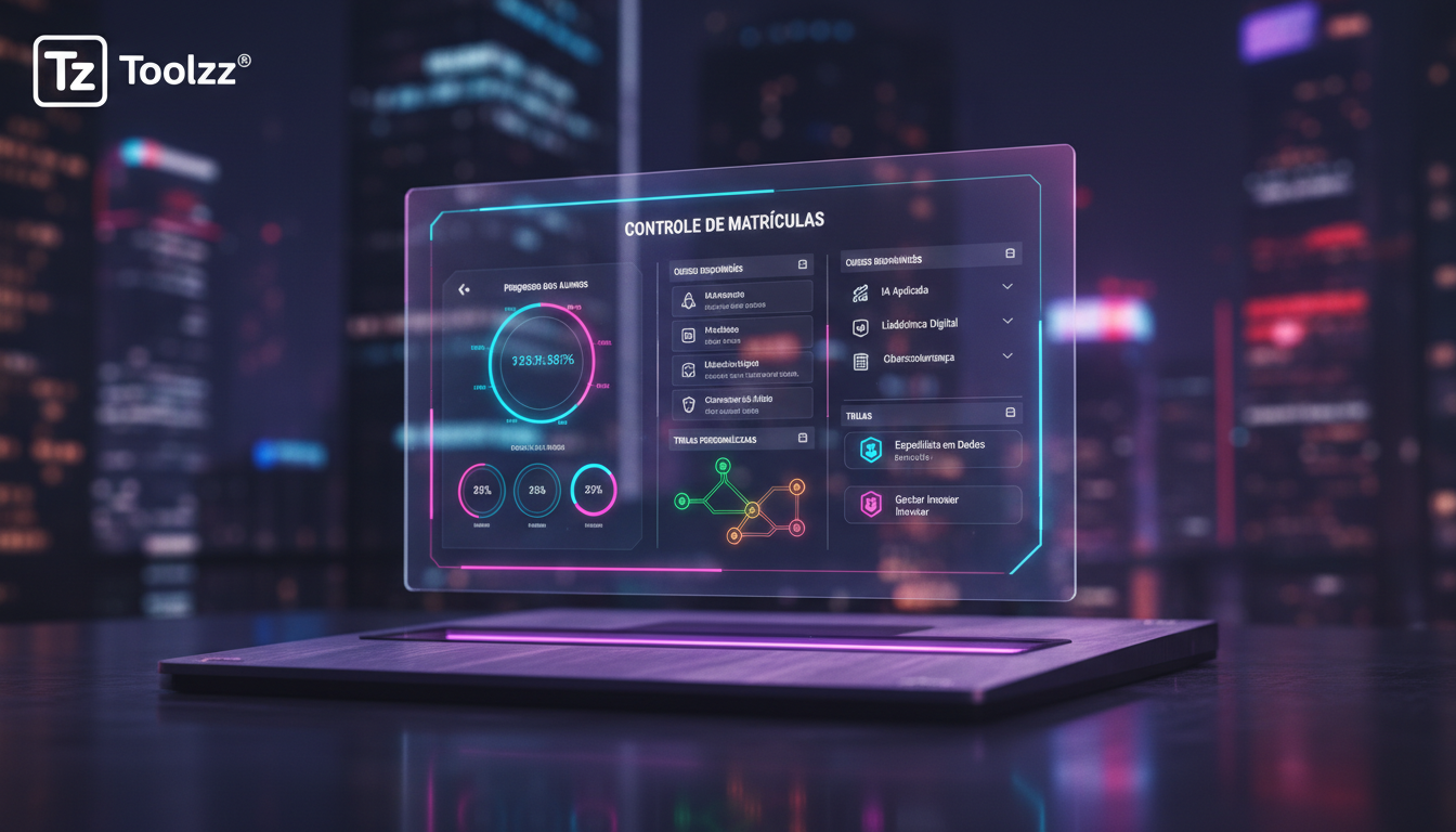 Como o Controle de Matrículas está reinventando a Educação Corporativa em 2026 — Close-up de uma interface de LXP mostrando o painel de controle de matrículas. A interface é intuitiva e exibe informaç