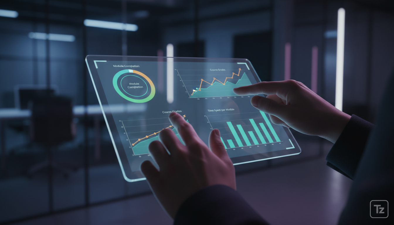 Como o Dashboard do Aluno está reinventando a Educação Corporativa — Um close-up das mãos de um aluno interagindo com um dashboard digital em um tablet. O dashboard exibe métricas de aprendizado perso