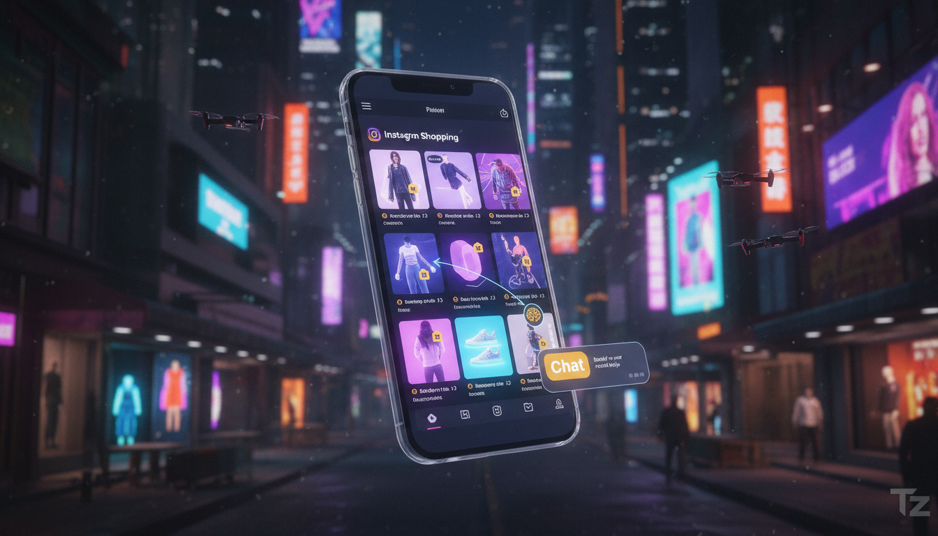 Como o Instagram Commerce evoluirá nos próximos 7 anos — Uma ilustração de um smartphone com a interface do Instagram Shopping exibindo produtos marcados diretamente nas postagens. Uma seta sutil apon