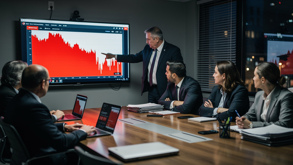 Como o LXP evoluirá nos próximos 7 anos para prefeituras — Foto realista: Uma reunião de gestores de RH de uma prefeitura, com expressão preocupada, olhando para um gráfico complexo que mostra baixa a