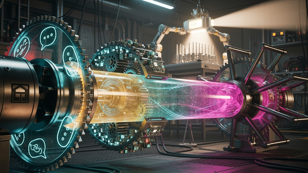 Como o MCP (Model Context Protocol) Elimina Gargalos na Integração de IA — Diagrama visual que representa diferentes ferramentas de IA (chatbot, análise de dados, sistema de recomendação) como engrena