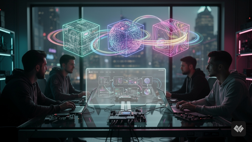 Como o MCP (Model Context Protocol) está reinventando Agentes de IA — Diagrama infográfico mostrando três caixas interconectadas representando 'Descrição da API', 'Descoberta' e 'Interação', cada uma