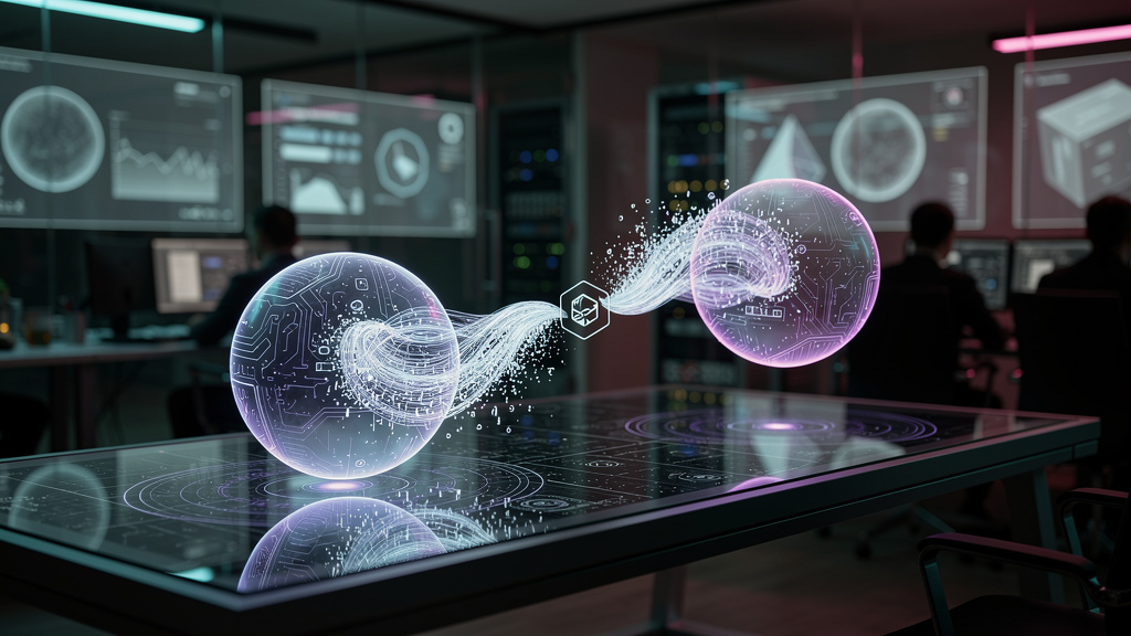 Como o Protocolo A2A Reduz Erros Humanos em Automação Empresarial em 2026 — Um diagrama que ilustra a comunicação entre dois agentes de IA, representados como esferas luminosas interligadas por linhas