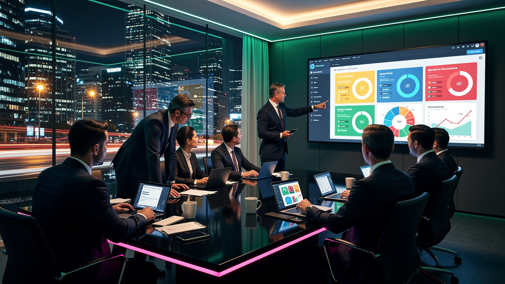 Como o Setor Financeiro Impulsiona a Eficiência com a Toolzz — Uma mesa de reunião moderna em uma instituição financeira movimentada. Vários executivos participam de uma apresentação onde um dashboard