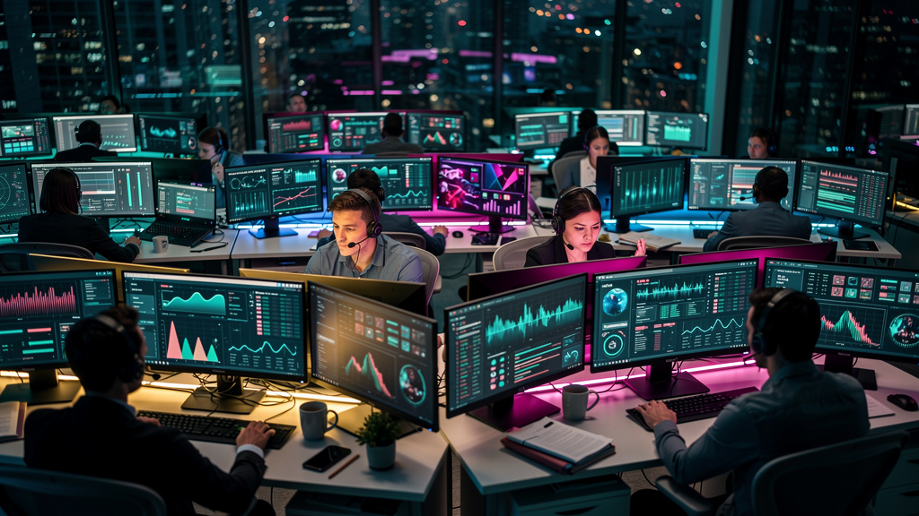 Como o Setor Financeiro Impulsiona o Atendimento com IA — Um call center financeiro movimentado, visto de um ângulo elevado, com operadores usando headsets. Em algumas estações, telas mostram interfac