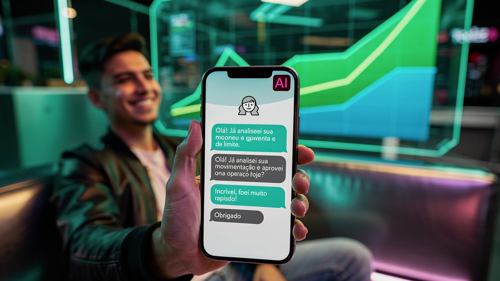 Como o Setor Financeiro Impulsiona o Atendimento com IA — Um chatbot elegante e minimalista, com o logo da Toolzz sutilmente integrado ao design, interagindo com um cliente em um aplicativo bancário m