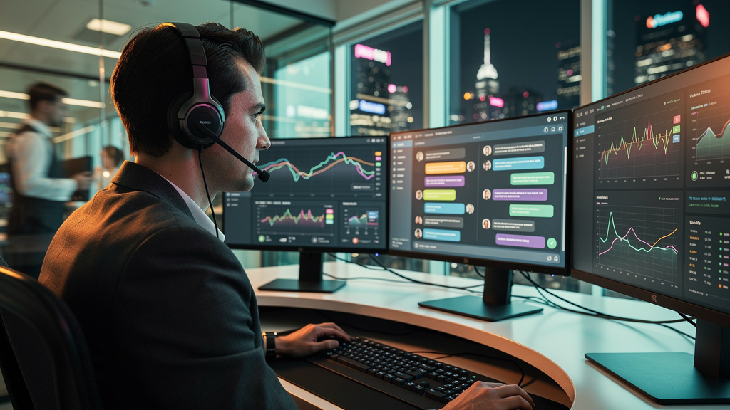 Como o Setor Financeiro Impulsiona Resultados com a Toolzz — Um agente de atendimento ao cliente, em um escritório bem iluminado, utilizando um headset e olhando para múltiplos monitores. Em um dos mo