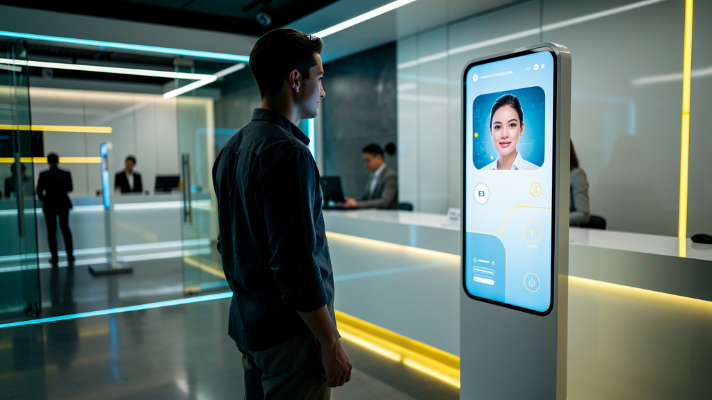 Como o Setor Financeiro Revoluciona o Atendimento com IA — Um balcão de atendimento bancário futurista e minimalista, onde um cliente interage com um totem digital que exibe um agente de IA da Toolzz.