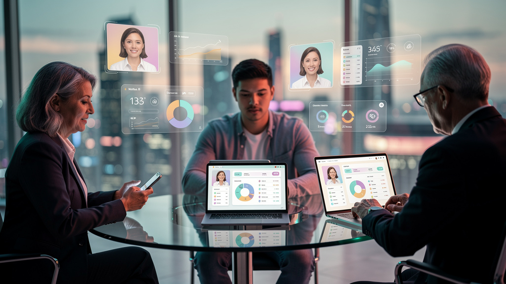 Como o Setor Financeiro Usa IA para Revolucionar o Atendimento — Um agente bancário virtual, com um avatar amigável e profissional, atendendo simultaneamente vários clientes em diferentes dispositivos