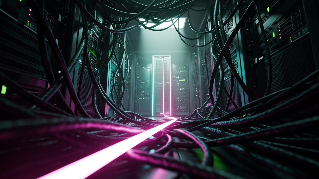 Como OpenClaw, RAG e LLMs Open Source impactam custos em empresas — Um labirinto de cabos de rede em um data center, com um único cabo brilhante saindo e se conectando a um servidor com o logo da Tool