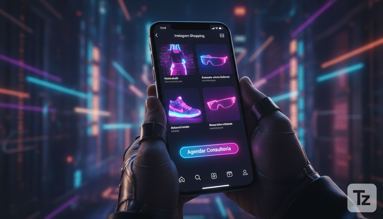 Como otimizar agendamentos usando IA em 2026 — Um usuário navegando no Instagram Shopping em seu smartphone, visualizando diversos produtos de moda. Um botão de 'Agendar Consultoria' está visível em u