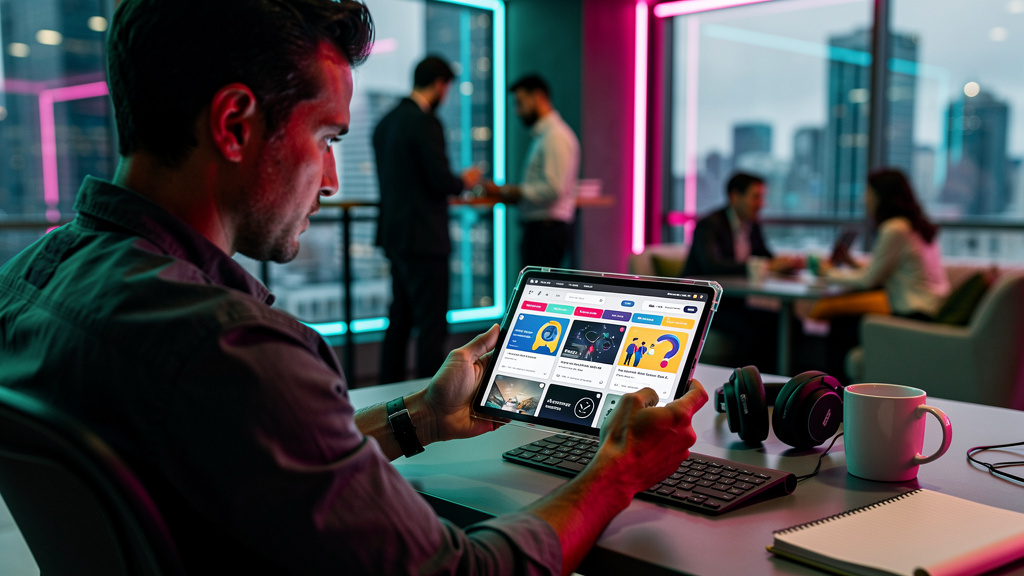 Como otimizar o Engagement usando LXP em 2026 — Um funcionário navegando em uma interface de LXP em um tablet transparente, mostrando um feed personalizado de conteúdo de aprendizado. A interface dest