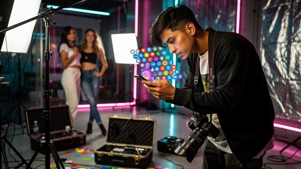 Como otimizar o engajamento usando Influencer AI — Um fotógrafo profissional tentando desesperadamente responder a dezenas de mensagens e comentários em seu Instagram durante um ensaio fotográfico agi