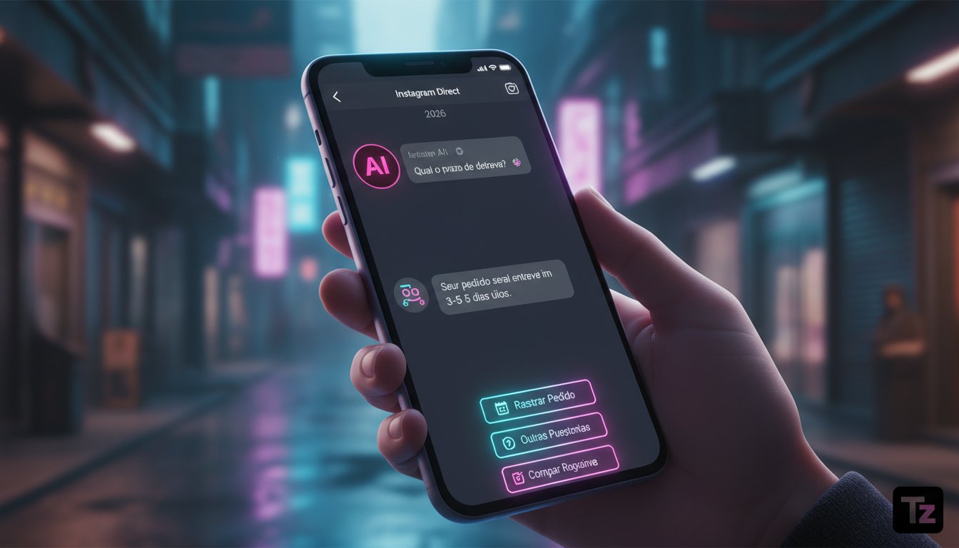 Como otimizar resultados no social media usando agente IA em 2026 — Close-up de um smartphone mostrando uma conversa no Instagram Direct. A interface da conversa exibe um agente de IA respondendo a pe