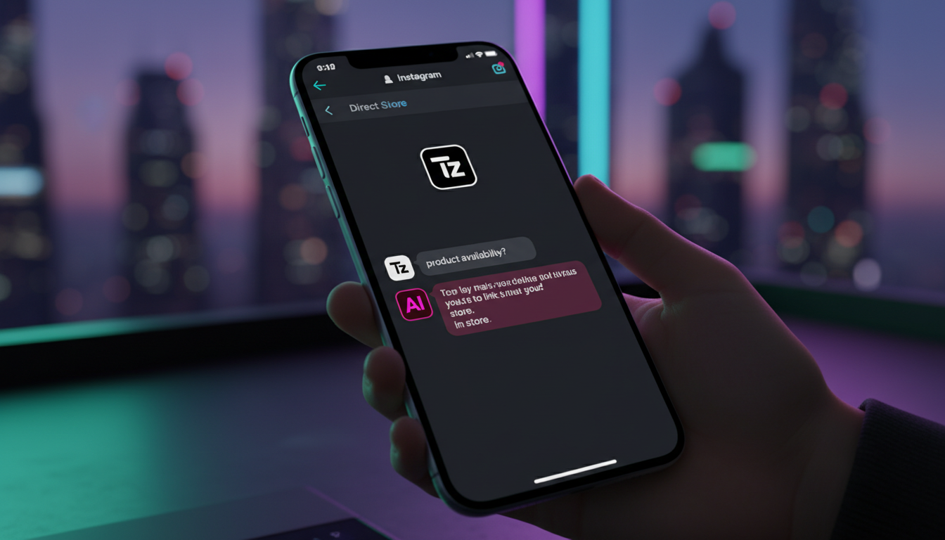 Como otimizar vendas usando IA no Instagram — Close-up de um smartphone exibindo uma conversa no Instagram Direct. Um agente de IA da Toolzz responde instantaneamente a uma pergunta sobre um produto, 