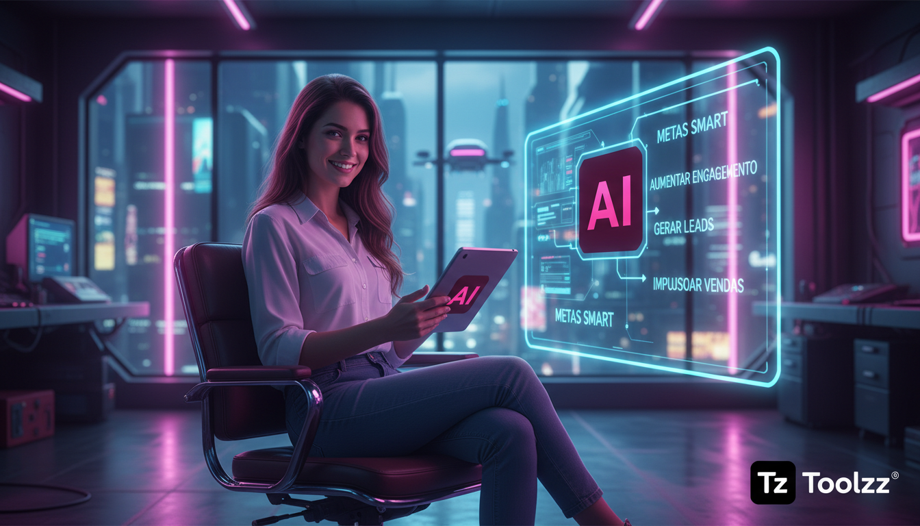 Como planejar implementação de automação Instagram em 7 etapas — Uma pessoa sentada em uma cadeira moderna em um escritório iluminado, olhando para um quadro branco onde estão escritas metas SMART (Es