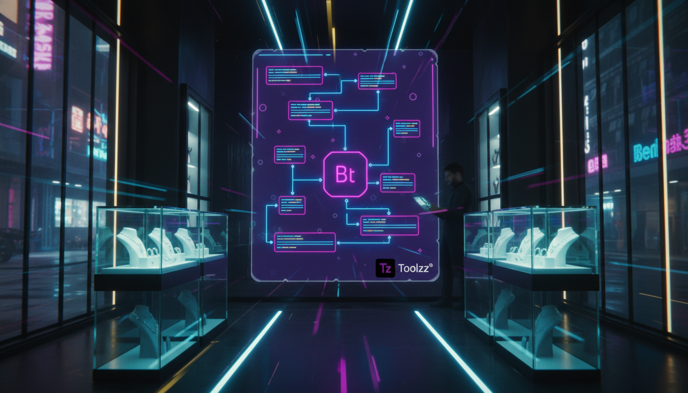 Como planejar implementação de chatbot Instagram DM em 7 etapas — Uma joalheria moderna e minimalista com vitrines repletas de joias e acessórios. Uma tela digital exibe um diagrama de um fluxo de con