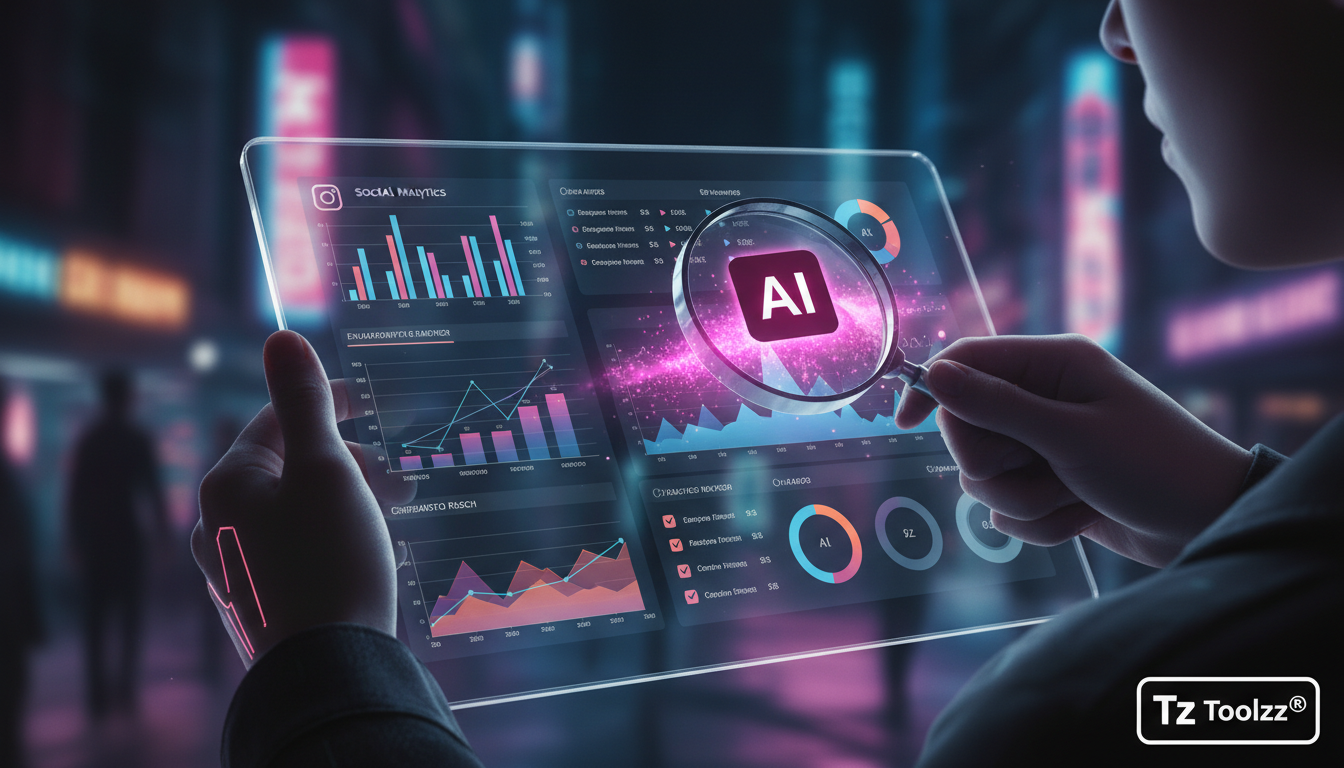 Como planejar implementação de IA para Redes Sociais em 7 etapas — Um painel de controle de análise de dados do Instagram exibido em um tablet. Gráficos de barras e linhas mostram métricas de engajame