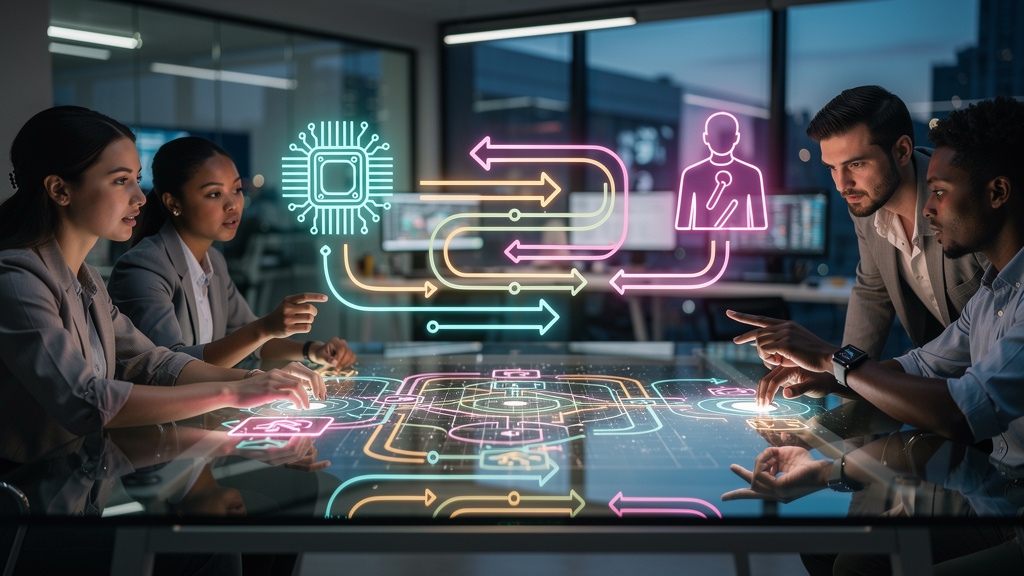 Como Protocolo Agent-to-Human impacta o dia a dia das empresas — Um diagrama de fluxo complexo que ilustra a transferência de controle entre um agente de IA (representado por um ícone de chip) e um ag
