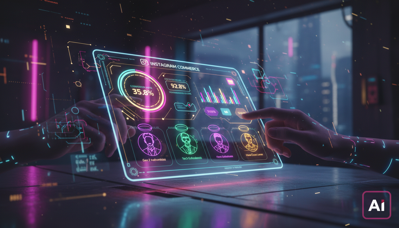 Como se Manter Relevante em Instagram Commerce com IA em 2026 — Um close-up das mãos de uma pessoa interagindo com a tela de um smartphone. A tela exibe um painel de controle de IA para Instagram Comm