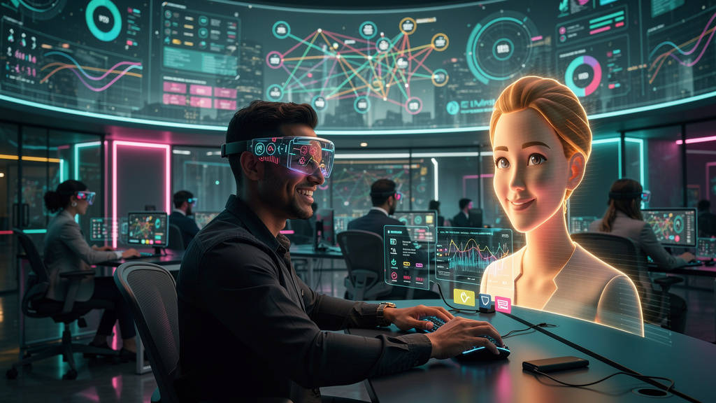 Como se Manter Relevante em Voice AI em 2026: 7 Estratégias Essenciais — Um call center futurista, com agentes usando headsets de realidade aumentada. Um painel digital mostra uma visão geral unificad