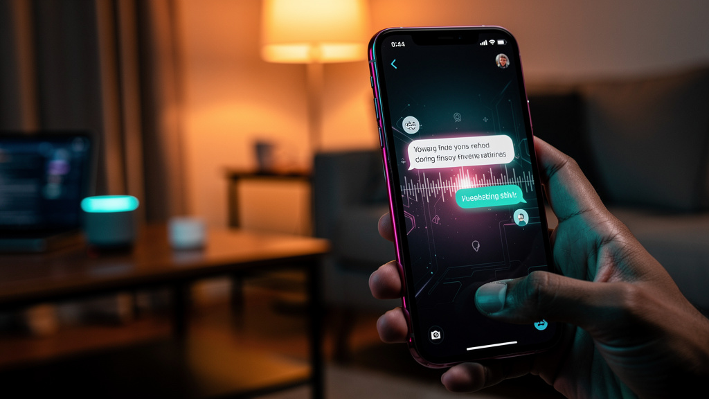 Como se Manter Relevante em Voice AI em 2026 — Close-up de um smartphone exibindo um chatbot de voz em ação. A interface do chatbot mostra o logo da Toolzz e uma conversa amigável com um cliente. O fu