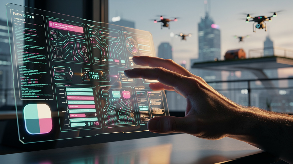 Como se preparar para as mudanças em IA — Um close-up de uma mão interagindo com uma interface holográfica complexa que representa o Claude Sonnet 4.6. A interface mostra blocos de código e fluxos de 