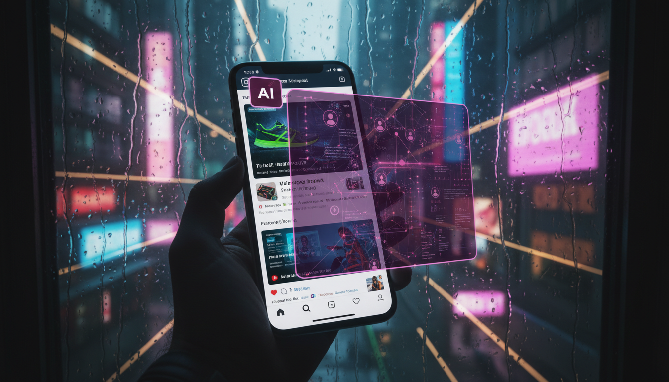 Como se preparar para as mudanças em IA para Redes Sociais — Close-up de um smartphone exibindo um feed de notícias do Instagram altamente personalizado, com anúncios e conteúdo recomendados sob medid