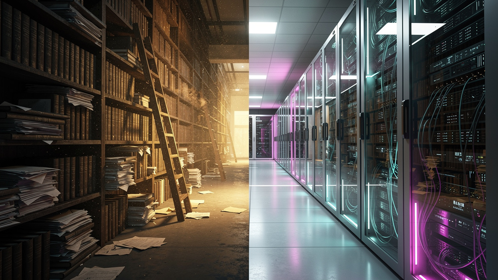 Como se Preparar para as Mudanças em RAG e IA — A split-screen image. On the left, a vast library filled with towering stacks of dusty books, representing the limitations of relying solely on pre-exis