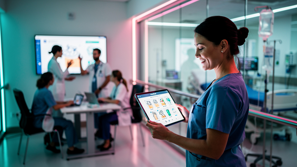 Como se preparar para as mudanças em treinamentos hospitalares em 2026 — Uma enfermeira sorrindo enquanto utiliza um tablet com o aplicativo da Toolzz para acessar um módulo de treinamento sobre higie