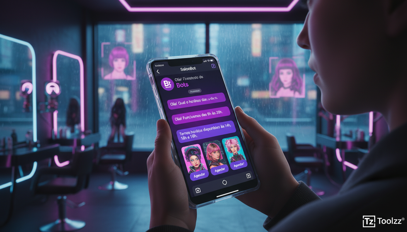 Como se preparar para as mudanças no Instagram Commerce IA — Uma tela de celular mostrando uma conversa no Direct do Instagram. Um usuário pergunta sobre horários de um salão de beleza e o chatbot da 