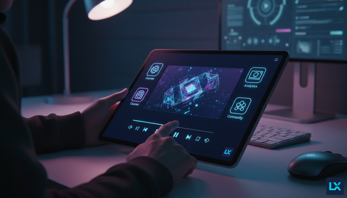 Como Streaming de Vídeo se encaixa na jornada do cliente — Close-up das mãos de um aluno interagindo com uma interface de LMS/LXP em um tablet. A tela do tablet exibe um vídeo em streaming com control