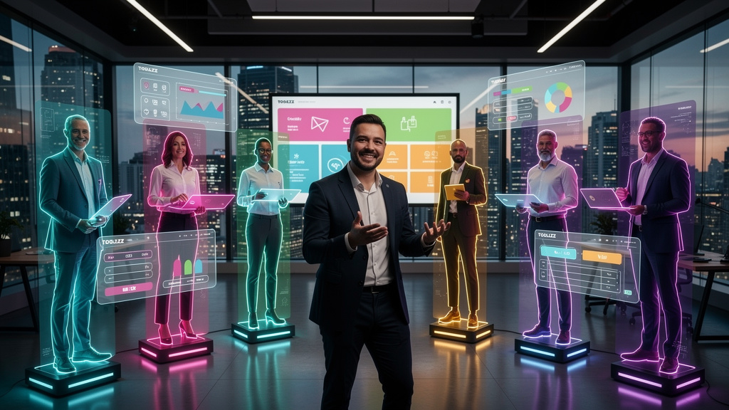 Como superar 7 desafios comuns de franquias em 2026 — Um instrutor de treinamento corporativo, em um estúdio moderno e bem iluminado, sorri enquanto interage com hologramas de franqueados de diversas