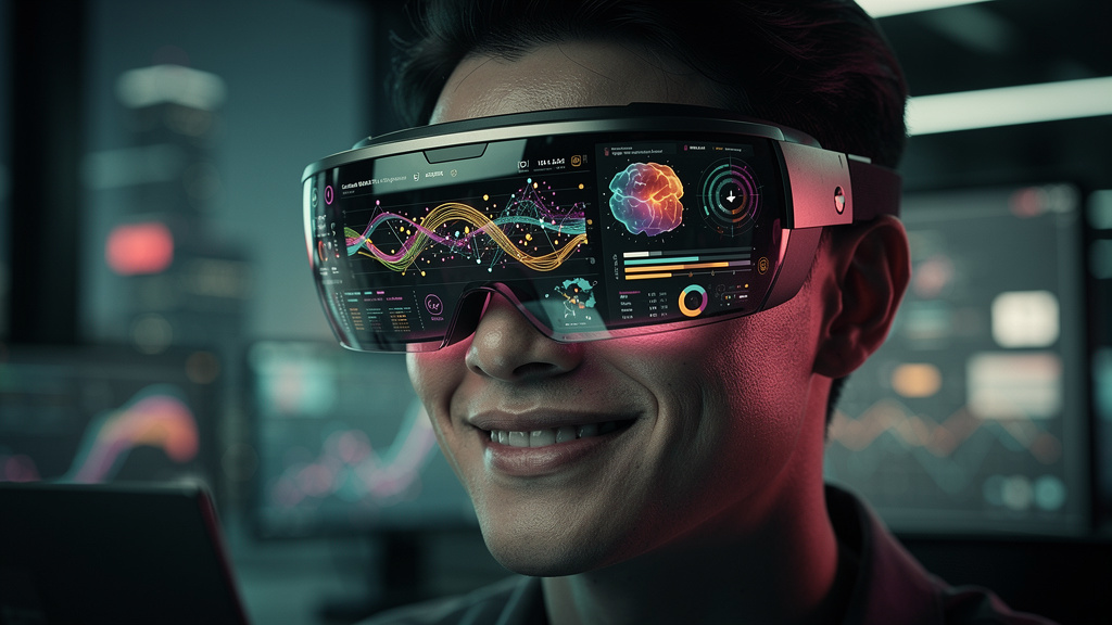 Como superar desafios comuns de AEO em 2026 — Close-up de um analista de marketing usando um headset de realidade aumentada para visualizar a jornada do usuário em tempo real. A interface do headset m