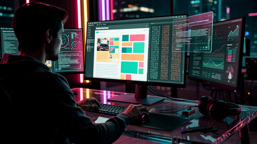Como superar desafios comuns de Agente Blog IA — Close-up de um designer gráfico ajustando o layout de um post de blog em uma tela, usando software de design. Uma janela menor mostra o código de um ag