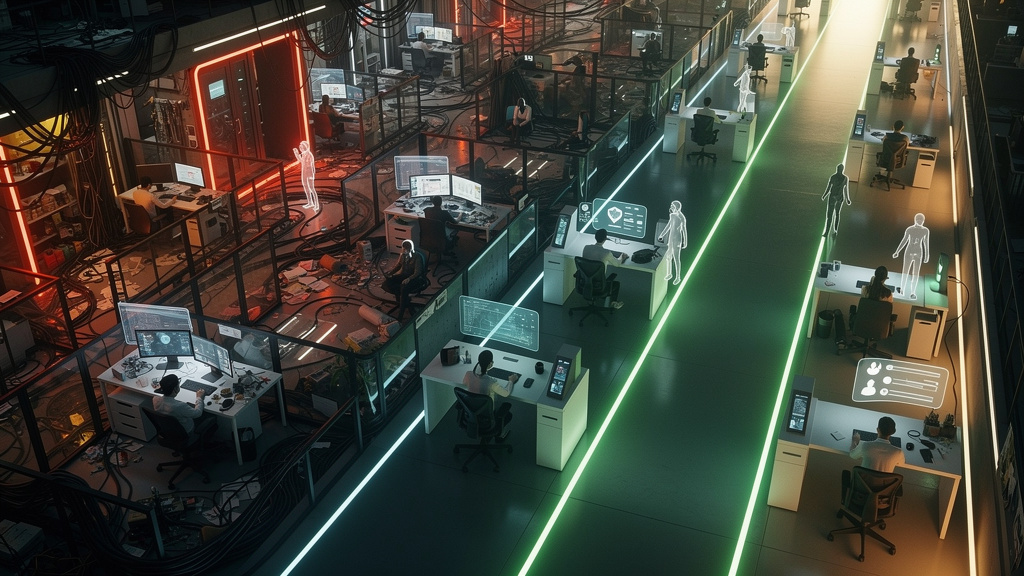 Como superar desafios comuns de Atendimento Híbrido em 2026 — Uma tela dividida ao meio: de um lado, um labirinto complexo representando fluxos de trabalho ineficientes; do outro, um caminho claro e i