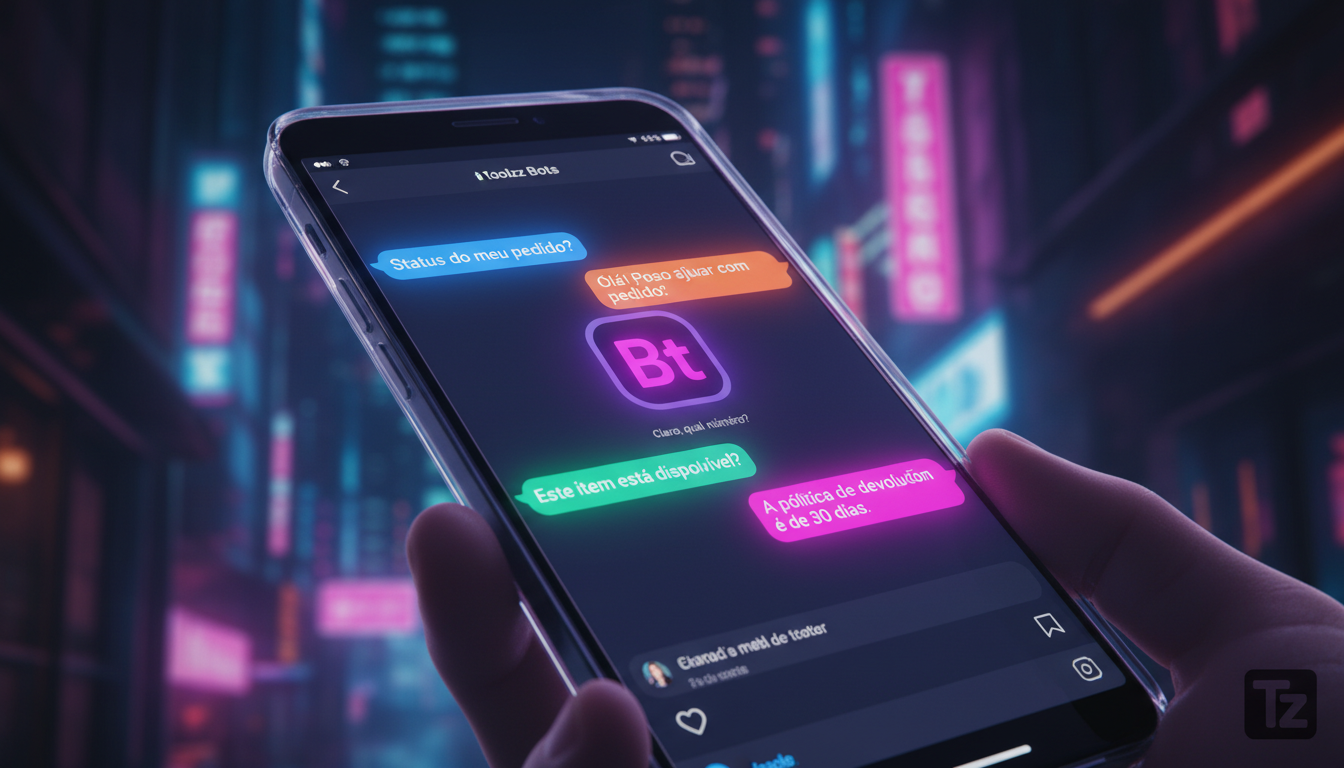 Como superar desafios comuns de Instagram Commerce — Close-up em um smartphone mostrando uma tela de conversa do Instagram com um chatbot da Toolzz respondendo instantaneamente a diversas perguntas de