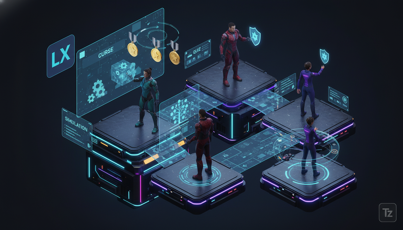 Como superar desafios comuns de Medalhas e Conquistas em LXP — Ilustração isométrica de uma plataforma LXP estilizada. Vários avatares de funcionários interagem com diferentes módulos de aprendizado (