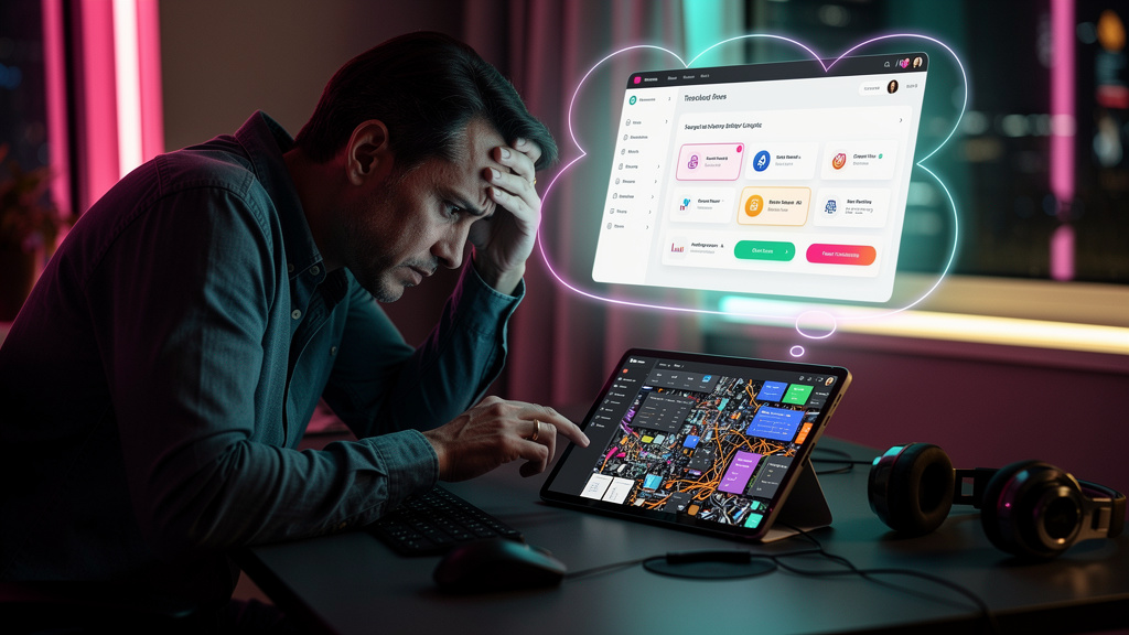 Como superar desafios comuns de plataformas de cursos online — Um usuário frustrado olhando para um painel de controle complexo do Thinkific em um tablet, com gráficos confusos e opções limitadas de p