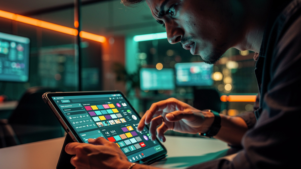 Como Toolzz facilita a escolha do LXP ideal em 2026 — Close-up de um tablet sendo usado por um profissional em um escritório moderno. A tela do tablet exibe a interface do Litmos by SAP, com menus com