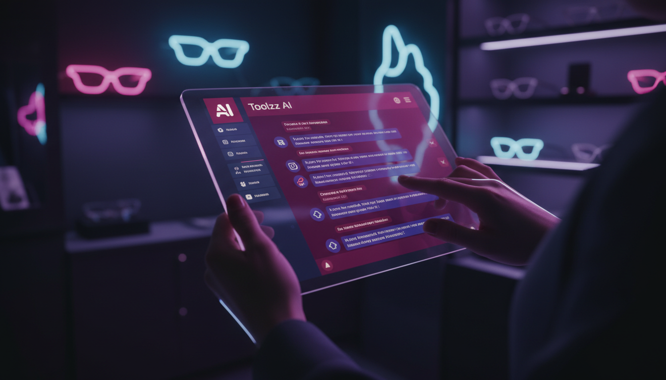 Como Toolzz facilita a IA para Instagram em 2026 — Close-up das mãos de uma atendente de ótica usando um tablet com a interface do Toolzz AI. A tela mostra um fluxo de mensagens automatizadas responde